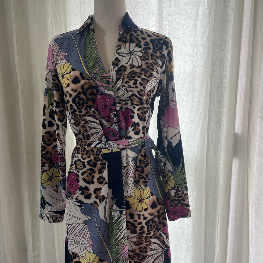 Vibrant Asymmetrical Dress with Leopard and Floral Patterns
